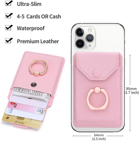 Cell Phone Card Holder RFID Ring Stand Stick on Wallet Card Holder for Back of Phone iPhone Android and All Smartphones Adhesive Credit Card Holder Pink