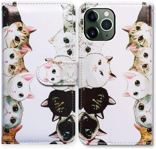 Case for iPhone 11 Pro, Cute Cats Flip Leather Wallet Cover with Credit Card Slot, Black White