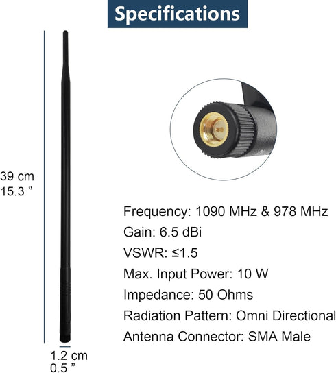 HzFitInc Set 1090MHz 978MHz 6.5dBi ADS-B Antenna Bundle - & High Gain Labeled Antenna with SMA Connector and MCX