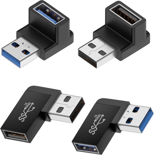 90 Degree USB 3.0 Male to Female Adapter, 4 Pack Up and Down & Left and Right Angle USB A Extender Connector