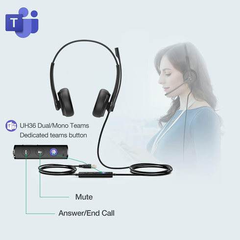 Yealink UH34 USB Wired Headset with Mic, Stereo Headphones with Noise Cancelling Microphone for Professional Business