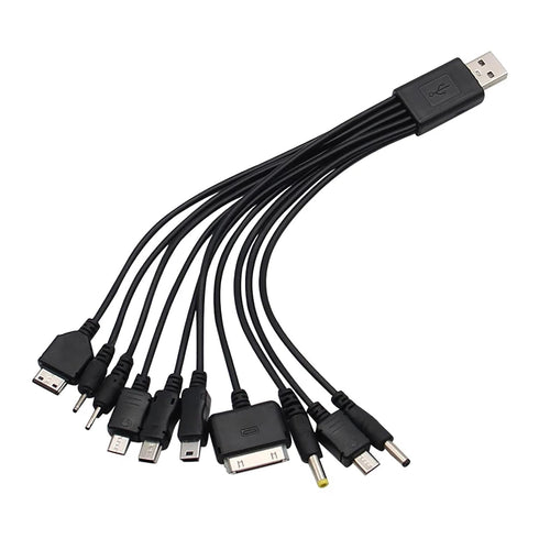 Black 10 in 1 Universal USB Cable - Multiple Universal Charging Cable for Cell Phones, Bluetooth Earphones, and more