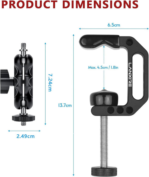 Camera Mount Clamp with Mini Magic Arm, 1/4" and 3/8" Threaded Holes for Camera, Action Camera, Flash, Light