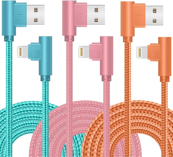 MFi Certified iPhone Charger 10FT 90 Degree Cable, 3 Pack, Nylon Braided Fast Charging for iPhone