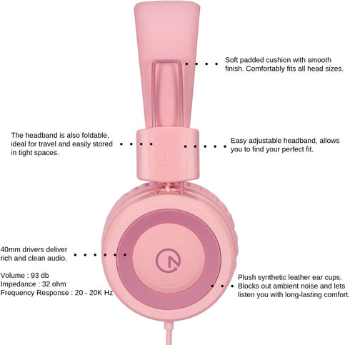 noot products Kids Headphones K11, Foldable Stereo Wired On-Ear Headset, Soft Pink