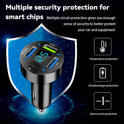4 Ports USB Car Charger, 66W Super Fast Charging USB QC 3.0 Adapter with LED Voltmeter for Most Cell Phones