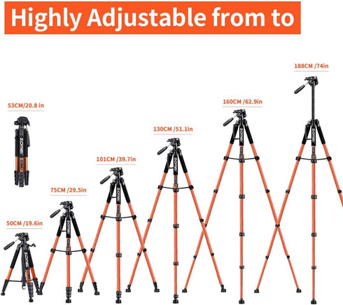 Tripod Camera Tripods, 74" Heavy Duty Tall Stand with Phone Holder, Compatible with DSLR, Cell Phones, Projector