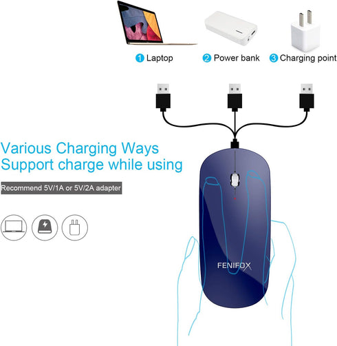 FENIFOX Bluetooth Mouse Slim, Mini Flat Portable Rechargeable Mobile Mice Compatible with Laptop, PC, Android, Windows