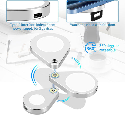 3 in 1 Detachable Magnetic Wireless Charger, 15W Fast Charging Station for iPhone 13/12, Foldable Stand for iWatch