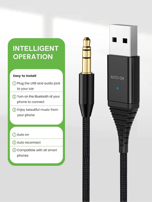 Bluetooth Aux Adapter for Car, USB Aux Bluetooth 5.2 Receiver with 3.5mm Jack Kit, Music Streaming, Handsfree Calling