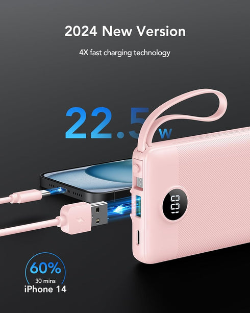 VRURC Portable Charger Power Bank, 10000mAh, 22.5W Fast Charging, Built-in USB-C Cable, Compatible with iPhone 15, Pink
