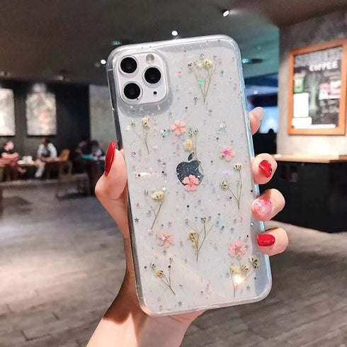 YTanazing Flower Case for iPhone 12 Pro Max, Cute Real Flower Glitter Floral Design, Slim Shockproof TPU Cover