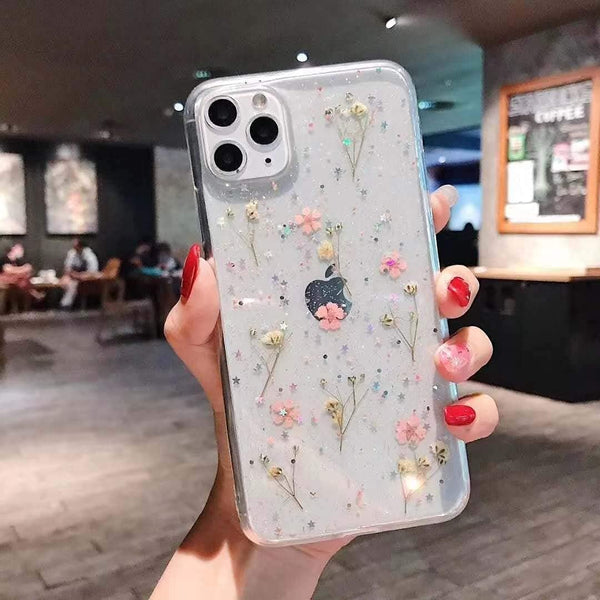 YTanazing Flower Case for iPhone 12 Pro Max, Cute Real Flower Glitter Floral Design, Slim Shockproof TPU Cover
