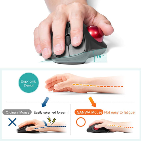 SANWA Bluetooth Ergonomic Trackball Mouse, Optical Vertical Rollerball Mice with Adjustable DPI, Compatible with