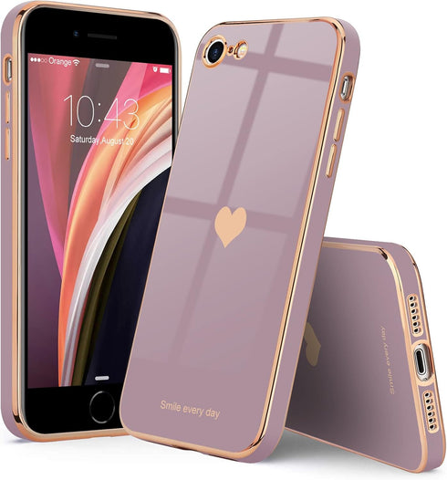 Teageo Lavender iPhone SE 2020 Case, iPhone 7 & 8, Cute Love-Heart Bling Soft Silicone Bumper, Shockproof Protection.