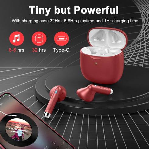 Wireless Earbuds, Bluetooth 5.3 Headphones with Noise Cancelling Mic, IP7 Waterproof, 32H Playtime, Red