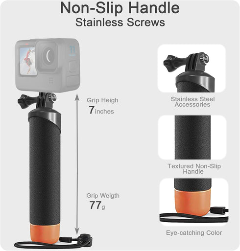 FitStill Waterproof Monopod Floating Hand Grip Snorkeling Selfie Pole Stick +Steel cored Safety Wrist Strap Rope for Go Pro Hero 12/11/10/9/8/7/6/5 Max Session DJI Osmo and Other Action Cameras