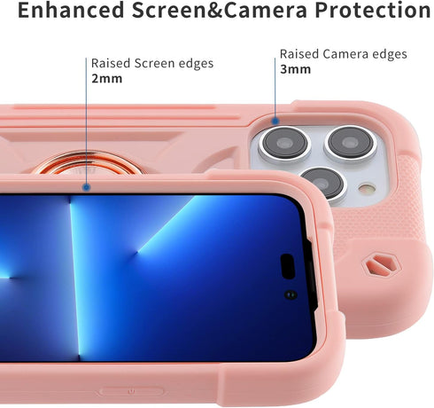 JIFVIK Pink Compatible iPhone 13 Pro Max Case, Full Body Armor Cover with Ring Kickstand, Heavy Duty Protection