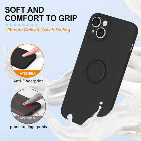 for iPhone 15 Plus Case,with 360°Rotatable Ring Holder Kickstand & Strap Lanyard Premium Liquid Silicone Slim Anti-Scratch Shockproof Protective Case for iPhone 15 Plus,Black 2.155