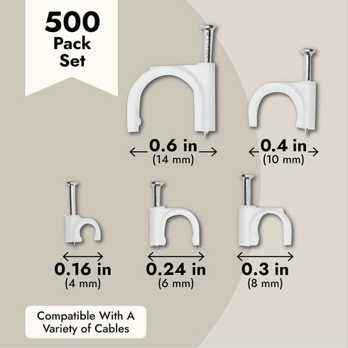 Juvale 500-Pack Round Cable Wire Clips for Wall Mounting, Extension Cord Holders, and Cable Management Staples in 5