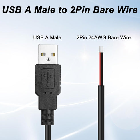 MEIRIYFA USB 2.0 Pigtail Cable Male Plug, 2 Pin Open End Bare Wire, 1M Power Extension Cable, 5 PCS