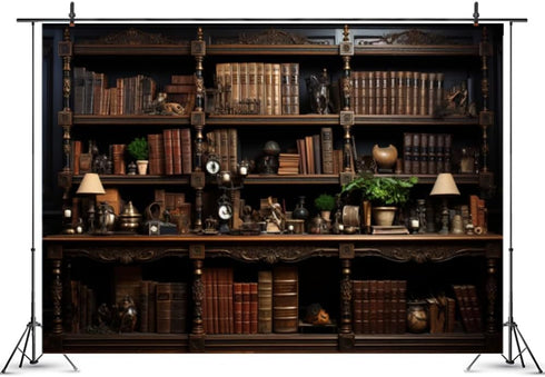 Action Bloom 7x5ft Vintage Bookshelf Backdrop Retro Study Room Photography Background for Zoom Meeting Online Teaching