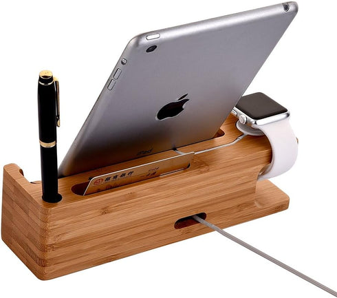 MOOZO Bamboo Wood Desktop Charging Dock Station Charger Holder for iPhone 16 15 14 13 12 11 Pro Max Apple Watch