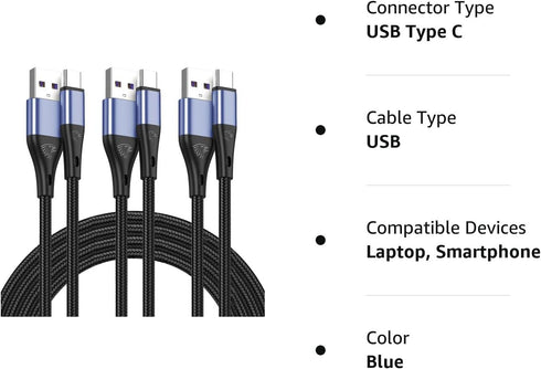 Premium Nylon Braided USB Type C Cable 10ft 3-Pack, 3A Fast Charging for Samsung Galaxy S21, Note 20, LG V50 (Blue)