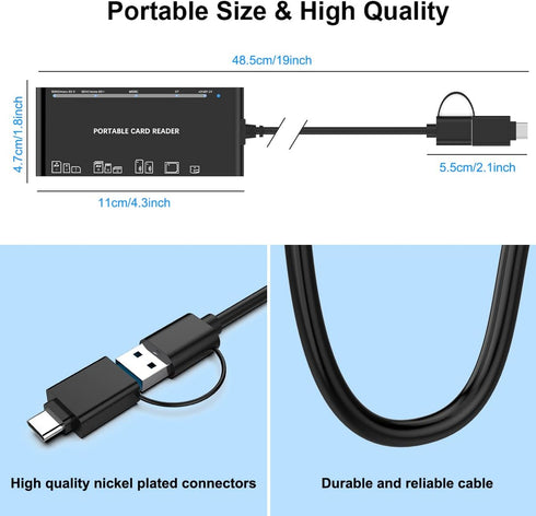 Rocketek USB3.0 7 1 USB C Multi Card Reader for SD, CF, Micro SD, XD, MS Cards - in Adapter Hub for Windows, Mac
