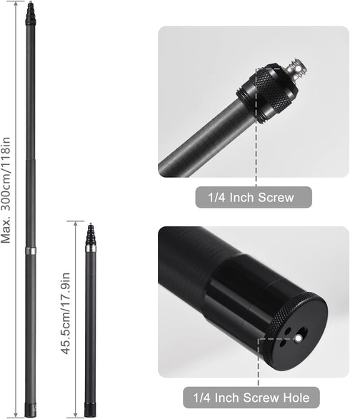 Sunydog 17.9-118in X2/X3, 1/4-20 Carbon Fiber Selfie Stick, Portable, Compatible with Tripod Mount, Thread, Black