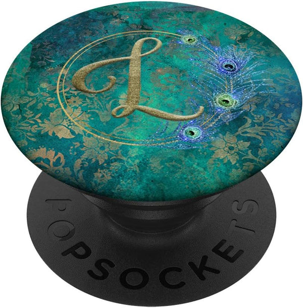 PopSockets PopGrip: Swappable Grip for Phones & Tablets - Monogram Initial L Peacock Feather Teal