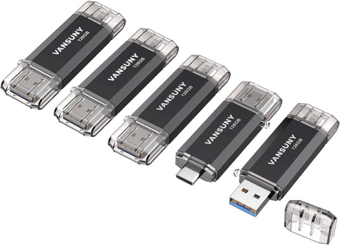 Vansuny 5 Pack 128GB USB C Flash Drive 2 in 1 OTG USB 3.0 + USB C Memory Stick with Keychain for Android, PC, MacBook