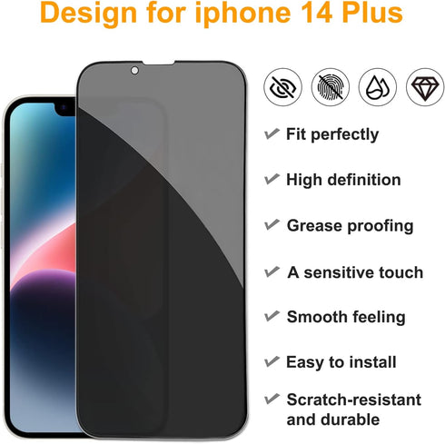 pehael 2+2 Pack iPhone 14 Plus Privacy Screen Protector with Camera Lens Protector Full Coverage Anti-Spy Tempered Glass Film 9H Hardness Bubble Free