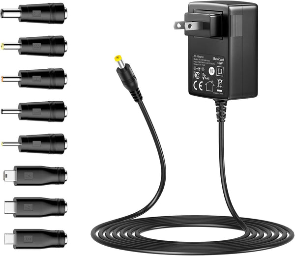 Basicvolt 5V 2A AC Adapter, Versatile Power Supply Wall Charger with 8 Tips for Camera, BT Speaker, GPS, USB Hub, TV Box