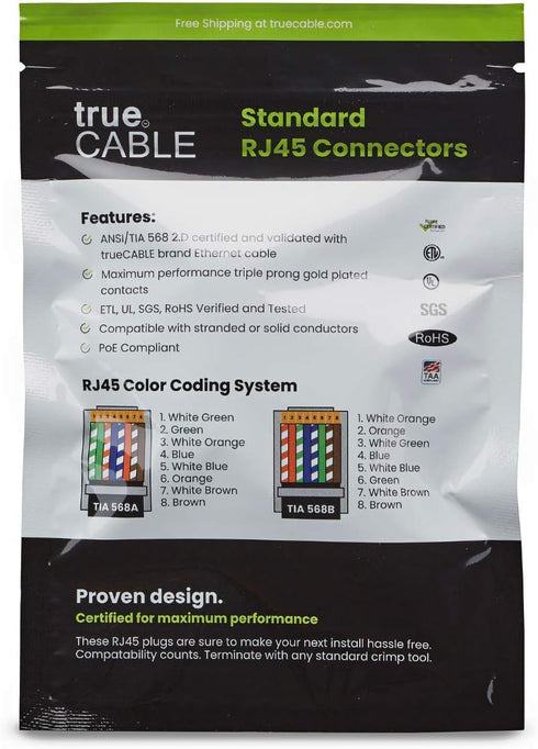 trueCABLE Cat6/6A RJ45 Connectors, Staggered Unshielded Modular Plug, 50 Pieces, Gold Plated