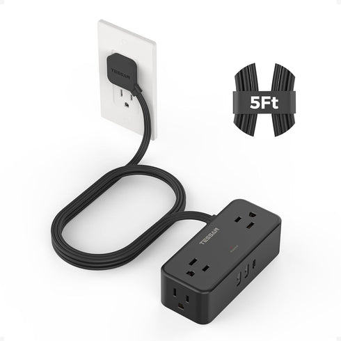 TESSAN Flat Plug Extension Cord 5 FT, Surge Protector Power Strip with 4