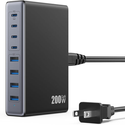 200W USB C Charger Block, GaN III 8-Ports Charging Station Hub + PD 65W Laptop Charger for MacBook, iPhone 16/15, Black