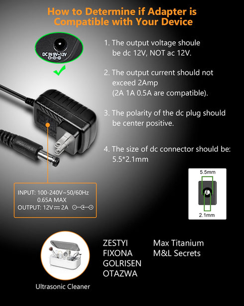 FOYU 12V 2A 24W 8 Cleaner/SPS100 Universal AC/DC Adapter Switching Power Supply with Size Plug Tips, Replacement Wall