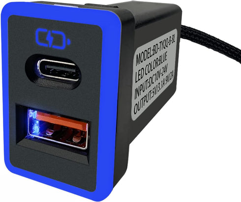 Car Charger PD QC3.0 Fast Charge Type C USB Port Socket with LED Light Show for Toyota (Blue-1.3x0.9inch)