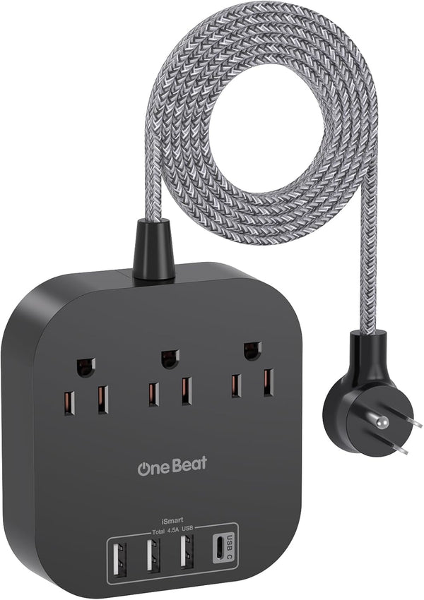 Power Strip with USB C, 3 Outlets, 4 USB Ports (22.5W/4.5A), 5ft Braided Extension Cord, Black Non Surge Protector