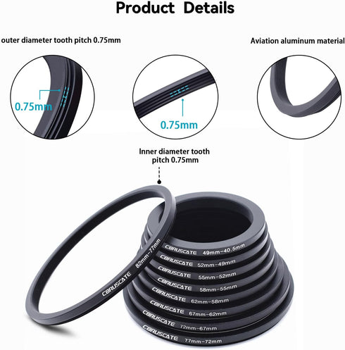 9 Pieces Step Down Ring,Camera Lens Filter Metal Filter Rings Compatible All Brands UV ND CPL (49-40.5mm,52-49mm,55-52mm,58-55mm,62-58mm,67-62mm,72-67mm,77-72mm,82-77mm)