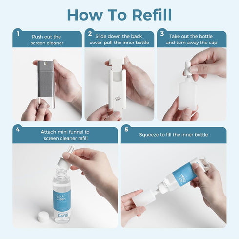CLICK CLEAN Screen Cleaner Kits, 2 All-in-One Mist Cleaners with Refill, Microfiber Cloth, Mini Funnel, and Sprayer for