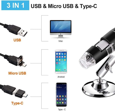 USB Digital Microscope, 1600x Magnification Endoscope Camera with Metal Stand for Windows, Android, and Mac