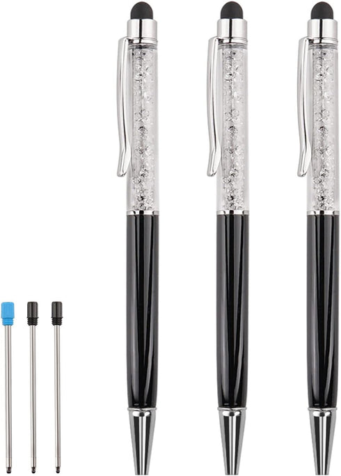 Bling Ballpoint Pens, Crystal Diamond Capacitive Touch Screen Stylus with Replacement Refills, 3Pcs Writing Pen