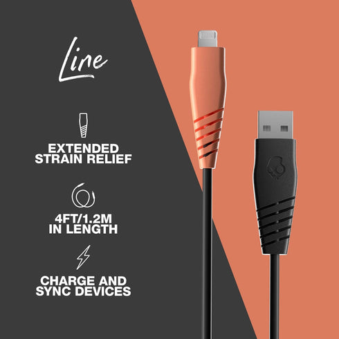 Skullcandy 15W Lightning Cable, USB A to Lightning Charger & Sync Cable for iPhone/Pro/Max, 4ft - Black/Orange