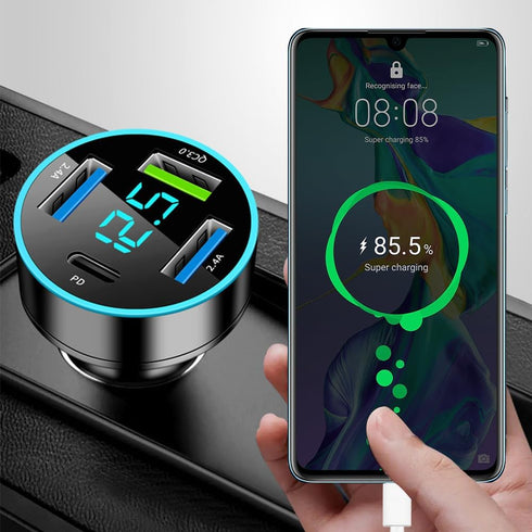 4 Ports Fast Car Charger, PD+QC3.0 Adapter with Upgrade Voltmeter Display for 12-24V Cigarette Lighter Plug