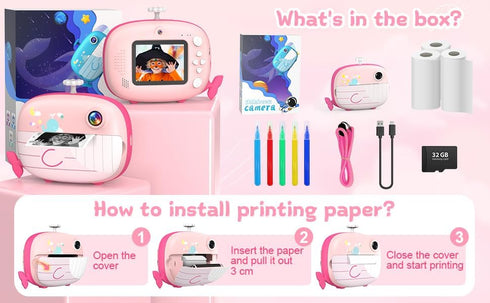 Kids Instant Print Camera, 12MP Ink-Free Printing for Ages 3-10, Selfie Camera for Boys and Girls, Pink