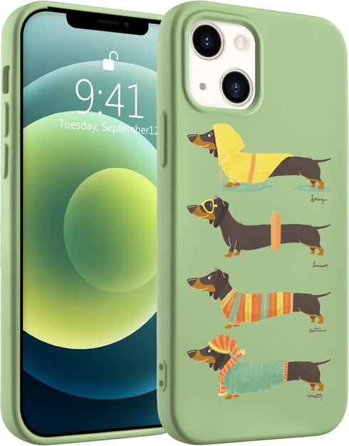 Idocolors Green iPhone 13 Mini Case, Cute Dachshund Dog Liquid Silicone Lovely Printed Soft Gel Rubber Cover
