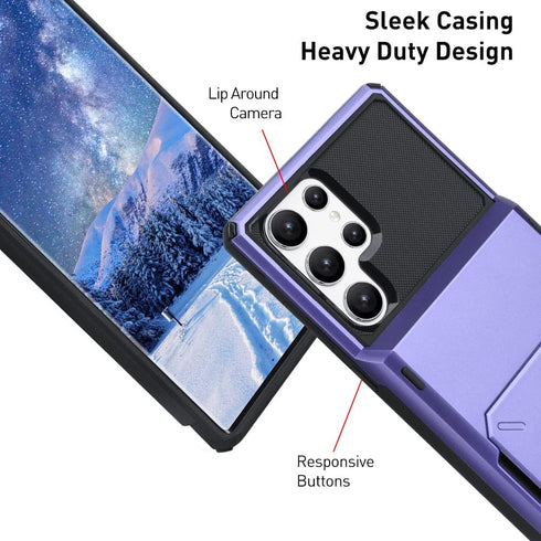 Samsung Galaxy S22 Ultra Wallet Case, Purple Shockproof Cover with 4-Card Holder Slot, Heavy Duty Protection