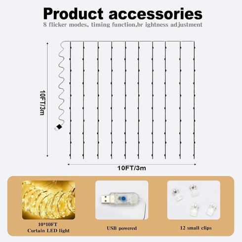 GUANSEN 10 8FT * White Pearl Tulle Double Layered Backdrop Curtain with Lights String and Lining Fabric for Wedding